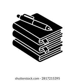 A black and white vector icon featuring a stack of three books with a pen resting on top, symbolizing education and study