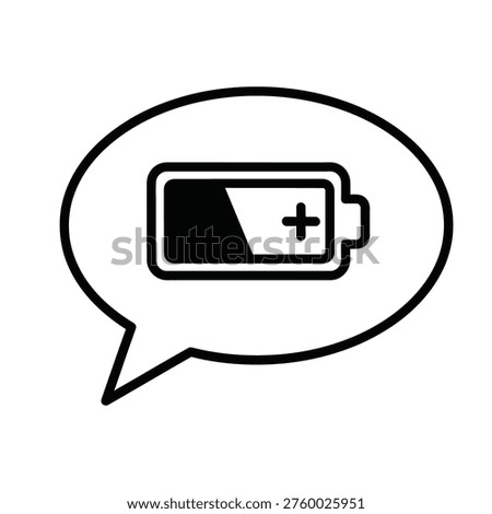 A black and white vector icon featuring a speech bubble that contains a battery symbol, indicating a status update regarding power or energy levels.