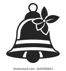  A black and white vector icon of a festive Christmas bell adorned with holly leaves and berries, perfect for holiday designs.