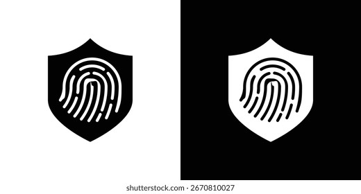 Icono de Vector blanco y negro de una huella digital dentro de un escudo, que representa la seguridad y la privacidad. Aislado en ambos fondos blancos y negros.