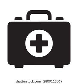 Black and white vector icon of a first aid medical kit carrying case with emergency hospital supplies