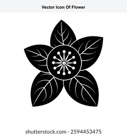 Black and White Vector Icon of a Five Petaled Flower with Detepsled Petals and Center