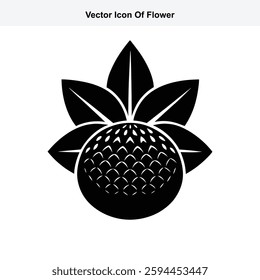 Black and White Vector Icon of a Flower with Five Petals and Leaves