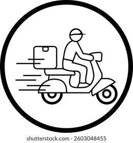Black and white vector icon of a food delivery rider on a scooter with a package, symbolizing fast restaurant delivery, online food orders, express meal shipping, and courier logistics.