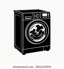 A black and white vector icon of a front loading washing machine with clothes inside the drum.