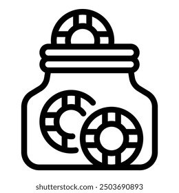 Black and white vector icon of a glass jar full of casino chips representing the concept of savings