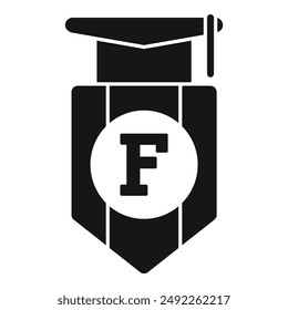 Black and white vector icon of a graduation emblem with the letter f, perfect for educational themes