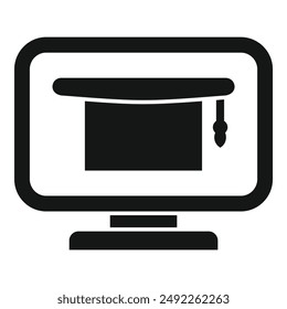 Icono de Vector blanco y negro de una gorra de graduación en un monitor de computadora, que simboliza la educación en línea