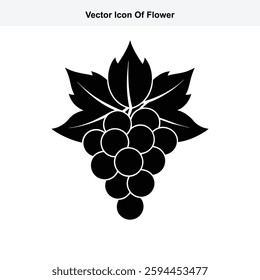 Black and White Vector Icon of a Grape Bunch with Leaves