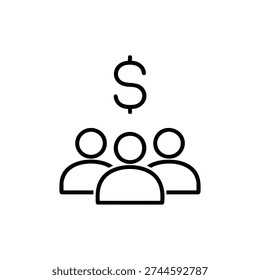 Black and white vector icon of group of people and dollar sign concept of financial fraud scam and money deception