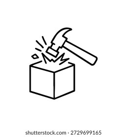 Martillo de icono de Vector en blanco y negro que rompe el concepto de bloque de ruptura de blockchain y seguridad de criptomonedas