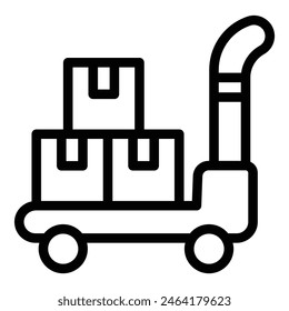 Black and white vector icon of a hand truck loaded with cardboard boxes, symbolizing delivery or moving