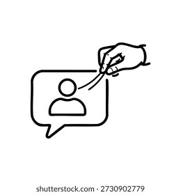 Icono de Vector blanco y negro de la mano que roba el perfil de usuario del concepto de la burbuja del chat de la seguridad cibernética y del robo de identidad