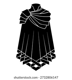 Black and White Vector Icon of a Heroic Fantasy Cape with Armored Shoulder and Geometric Pattern, Perfect for Game Assets, Logos, and Medieval or Superhero Themed Designs
