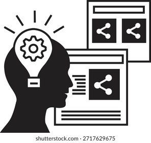 Vetor em preto-e-branco de uma cabeça humana com uma lâmpada e uma engrenagem, representando uma ideia criativa compartilhada em páginas da web digitais e plataformas de mídia social.