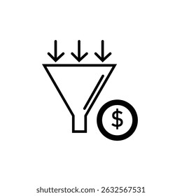 Black and white vector icon illustrating a marketing funnel converting leads into revenue, represented by arrows flowing into a funnel and a dollar sign. Ideal for business, SEO, and sales content.