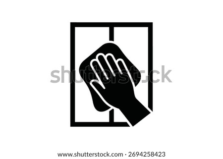 A black and white vector icon illustrating the act of cleaning a surface. The image features a hand holding a cloth, wiping a rectangular pane or window. A vertical line suggests a window division or 