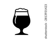 Black and white vector icon illustration of a snifter glass filled with foamy beer, isolated on a white background in minimalist style. Perfect for craft beer branding, bar menus, or designs showcasing specialty alcoholic beverages with a sophisticated touch.