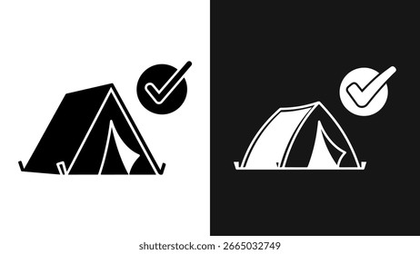 Ilustración de ícono de Vector en blanco y negro que representa una tienda de campaña con un símbolo de marca de verificación, que indica Aprobación o un viaje de campamento exitoso.