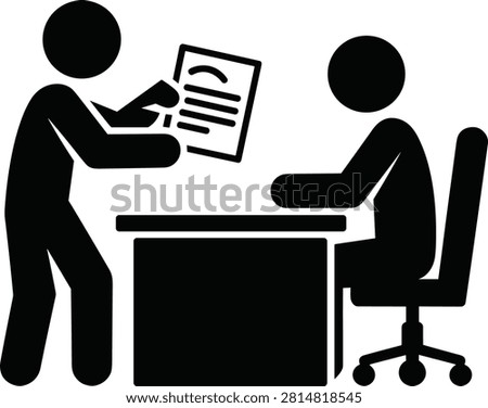A black and white vector icon illustration showing a standing human silhouette figure handing over or showing a paper document to a colleague sitting at an office desk. This minimalist design is perfect for representing corporate reporting, job applications, performance reviews, contract signings, and workplace administration.