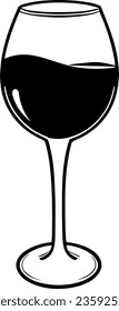 Black and white vector icon image drawing of a full wine glass - delicious restauraunt dinner cooking collection