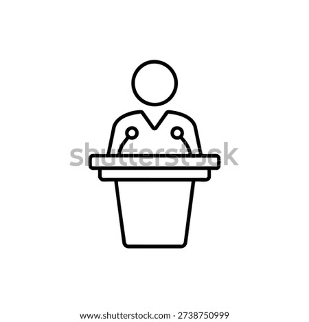 Black and white vector icon of journalist speaking at press conference podium