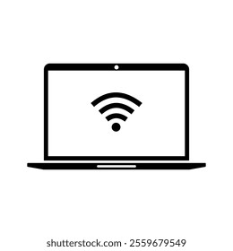 Black and white vector icon of a laptop screen with a Wi-Fi symbol