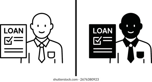 Un ícono de Vector blanco y negro de un hombre con camisa y corbata sosteniendo un documento de solicitud de préstamo con una marca de verificación.