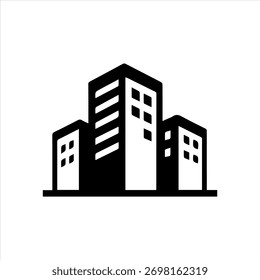 Icono de Vector en blanco y negro de un moderno edificio de oficinas con ventanas rectangulares y diseño geométrico simple, que simboliza los negocios, la arquitectura y el desarrollo urbano.