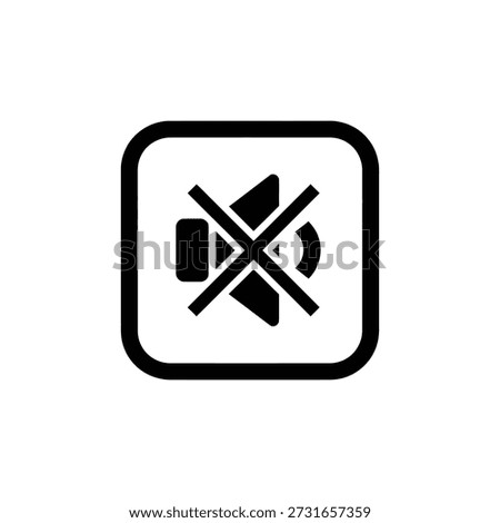 Black and white vector icon of a mute sound symbol with a speaker and a diagonal cross line, inside a square.