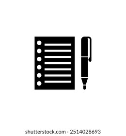 Black and white vector icon of a notepad and pen, symbolizing writing and note-taking.