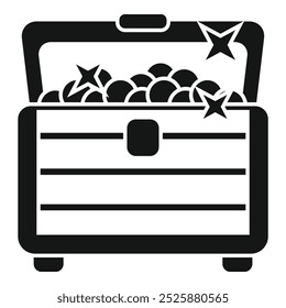 Black and white vector icon of an open treasure chest, overflowing with sparkling gold coins