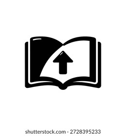 Schwarz-Weiß-Vektorsymbol offenes Buch mit Upload-Pfeil Bildungs-Digital-Download-Konzept