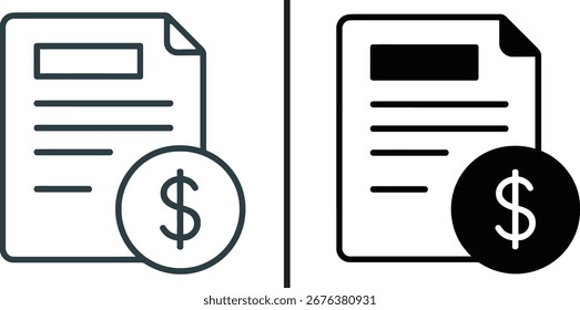  Un ícono de Vector en blanco y negro de un documento de papel con un signo de dólar.