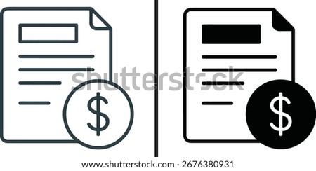  A black and white vector icon of a paper document with a dollar sign.