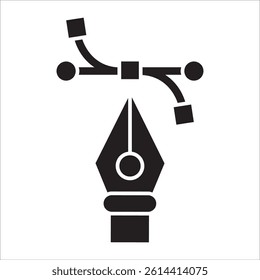 Black and white vector icon of a pen tool and Bezier curve, representing graphic design, illustration, and digital art. Suitable for websites, apps, and print media