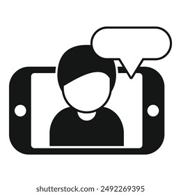 Black and white vector icon of a person taking a selfie with a mobile phone and speech bubble