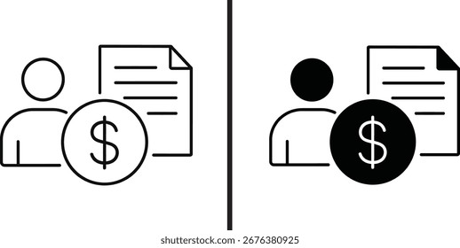 Un ícono de Vector en blanco y negro de una persona junto a un documento en papel y un signo de dólar.