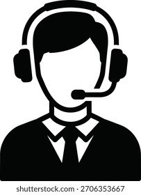 Ícone vetorial preto-e-branco de uma pessoa usando um fone de ouvido com um microfone, representando o atendimento ao cliente ou o suporte.