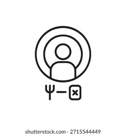 Icono blanco y negro del Vector de la persona con el símbolo restringido de la comida para el control de la dieta y de la nutrición