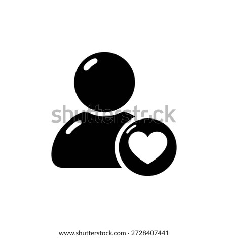 Black and white vector icon of person with heart symbol user favorite profile like sign minimalist illustration