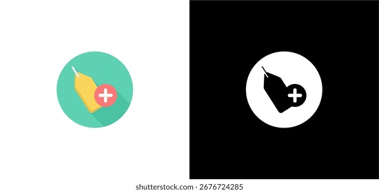 Black and white vector icon of a price tag with a plus sign. Ideal for e-commerce, shopping apps, product labels, discounts, sales