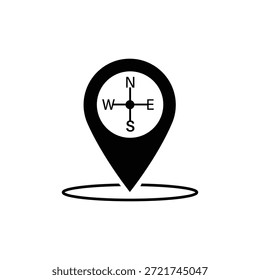 Icono de Vector en blanco y negro que representa un pin de ubicación del mapa con una brújula en el interior, que indica la navegación, la dirección y la búsqueda de un punto específico en un mapa. Aislado en un fondo blanco.