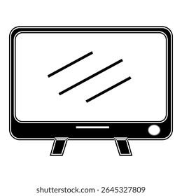 Black and white vector icon of a retro television with a screen reflection and stand legs, minimalist and bold design.