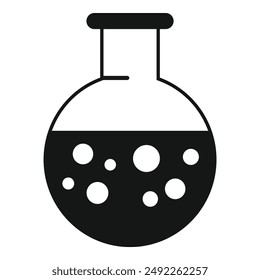 Icono de Vector blanco y negro de un matraz de fondo redondo con líquido efervescente, que representa la reacción química