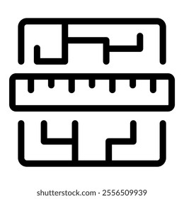 Black and white vector icon of a ruler measuring an abstract circuit board pattern, representing engineering and precision