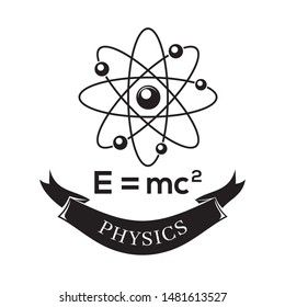 Black and white vector icon science physics. E=mc2. Formula for the equivalence of mass and energy. Theory of relativity. Science atom symbol icon. Vector illustration