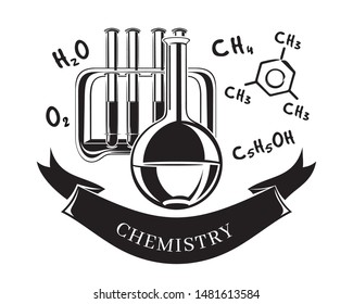 Black and white vector icon science chemistry. Flask, test tube rack and chemical formulas. Chemical concept design. Vector illustration