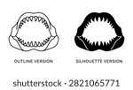 Black and white vector icon set of a scary shark mouth with sharp teeth in outline and solid silhouette style
