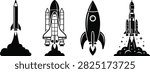 Black and white vector icon set featuring space rockets and space shuttle launching into space with flame and smoke clouds.